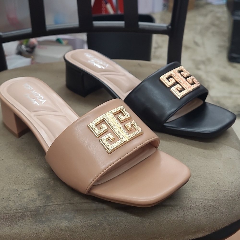 Tan and Black Slide Sandals with Wide Strap and Cushioned Footbed